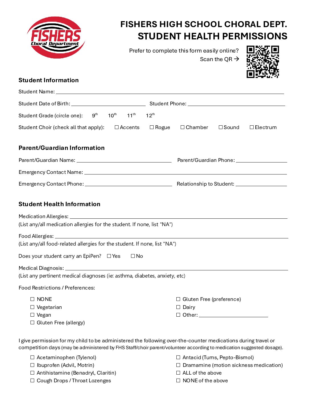 FHS Choir Health Permissions Form