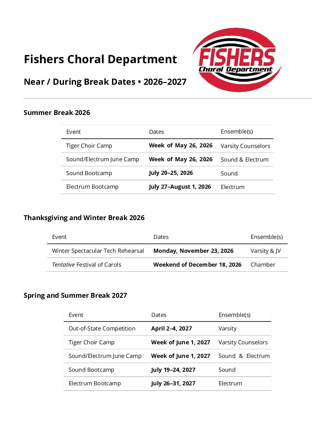 2026-2027 Fishers Choral Department Near/On Break Dates